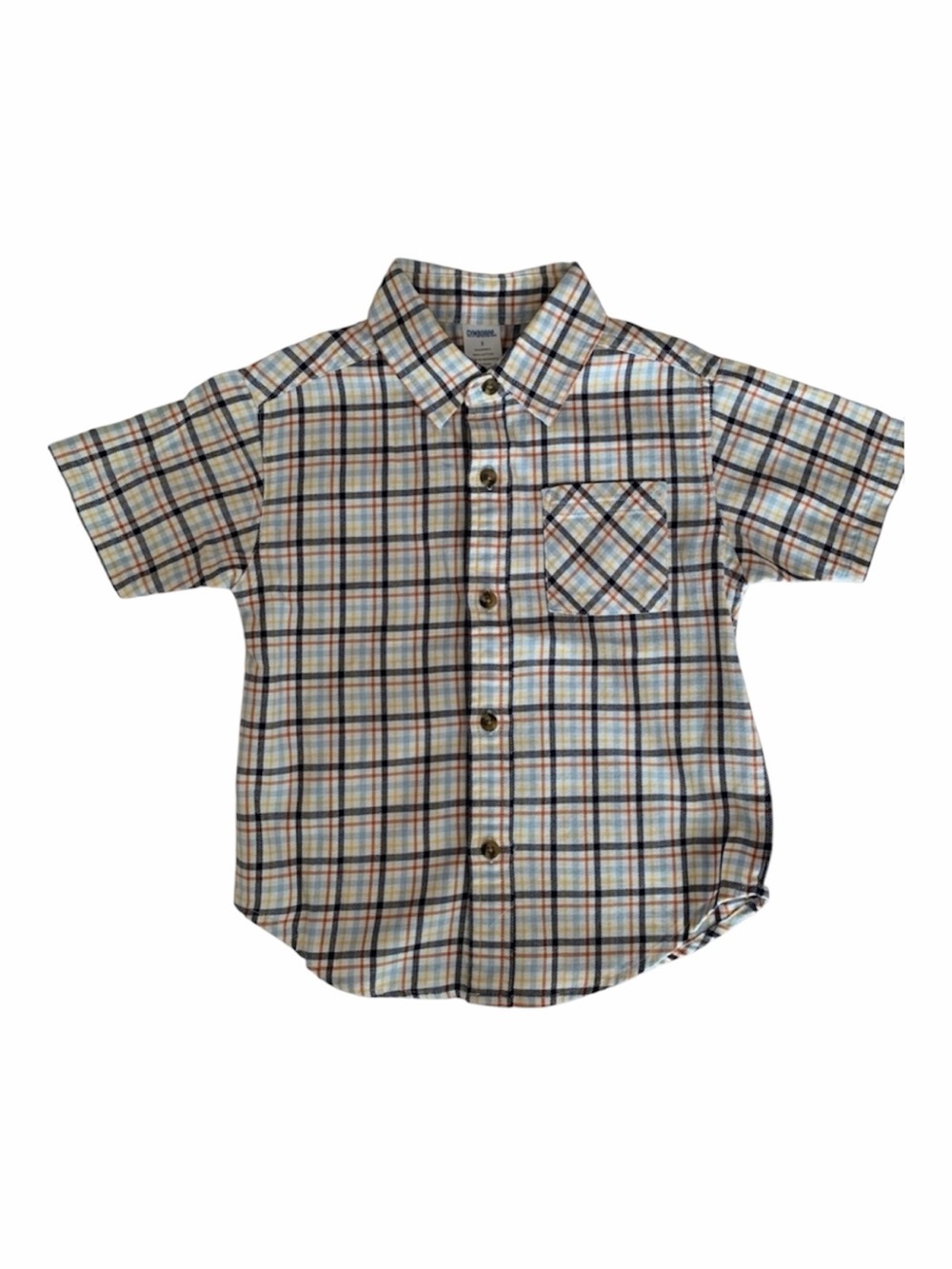 Vintage Gymboree Button Down Shirt Boys 3 White Blue Orange Plaid Short Sleeves